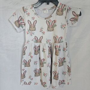 Girls' White Bunny Print Casual Dress - Cute Floral Design